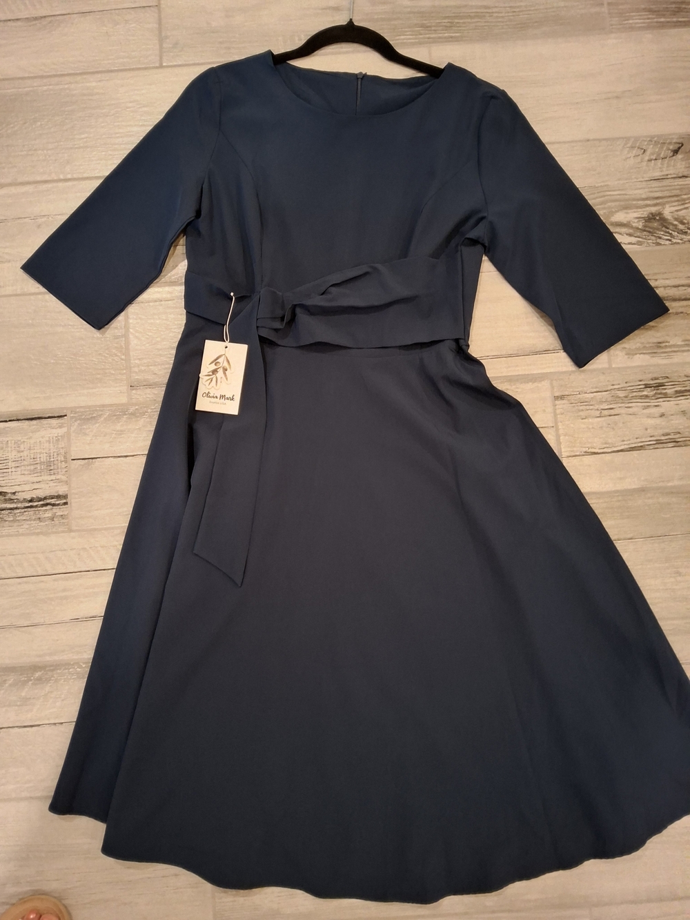 Olivia M Navy A-Line Midi Dress with Waist Tie